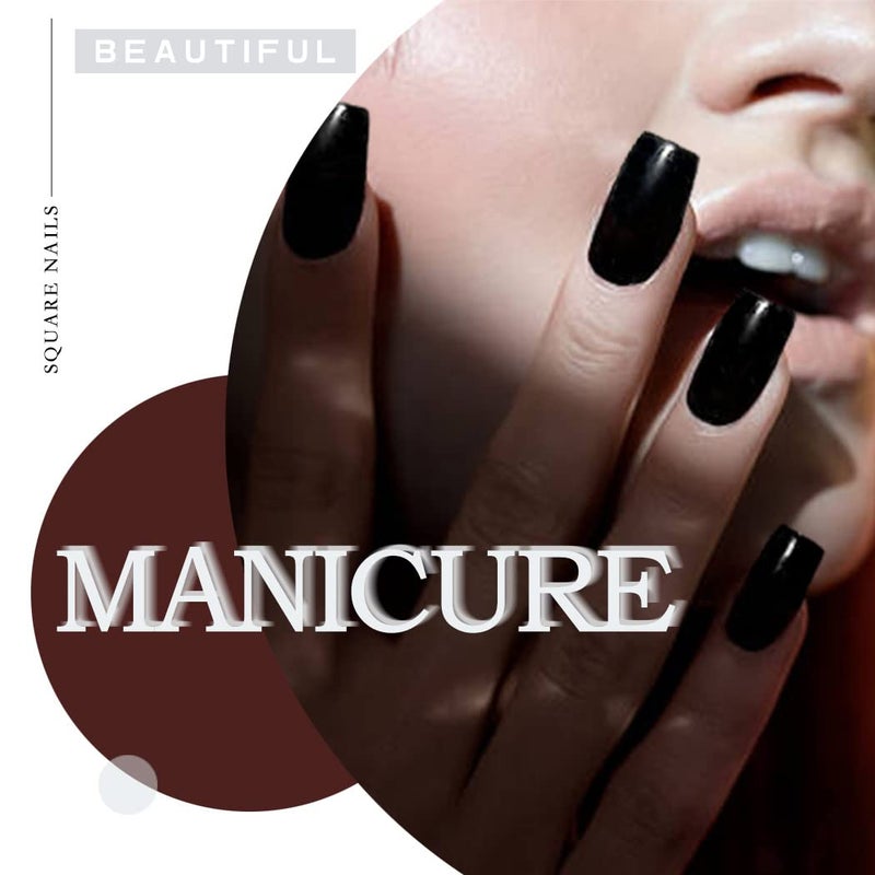 Gangel Black False Nails Square Fake Nails Medium Glossy Acrylic Full Cover Simple Press on Nails(24 pcs) - Image 2
